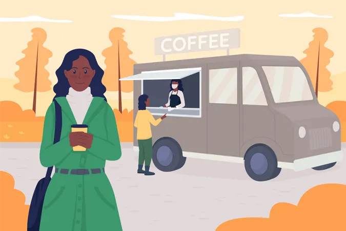 Personnes achetant du café dans un camion de café  Illustration