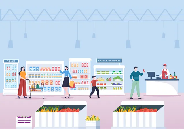 Les gens achètent des produits d’épicerie au supermarché  Illustration