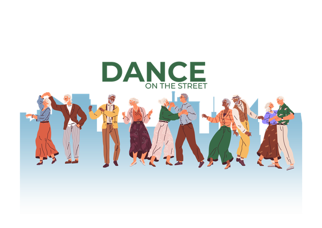 Personnes âgées dansant dans la rue  Illustration