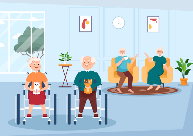 Personnes âgées en fauteuil roulant communiquant  Illustration
