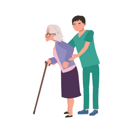Aide à la marche d'une grand-mère âgée par un infirmier heureux en uniforme  Illustration