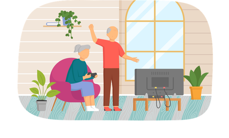 Personnes âgées jouant aux jeux vidéo  Illustration