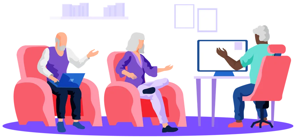 Personnes âgées travaillant sur ordinateur  Illustration
