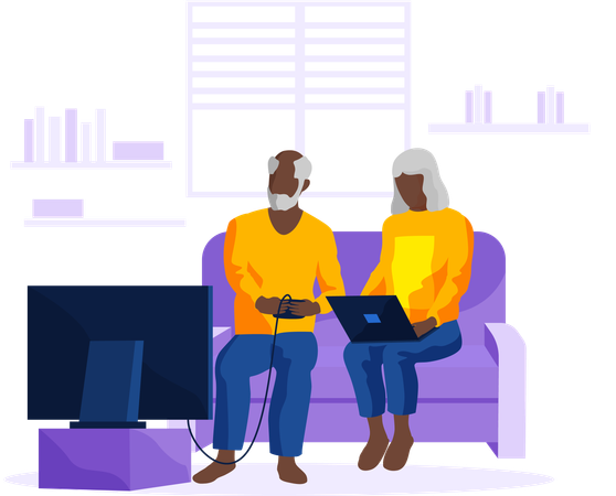 Personnes âgées avec technologie jouant à un jeu vidéo avec une manette de jeu et un divertissement pour ordinateur portable pour retraité  Illustration