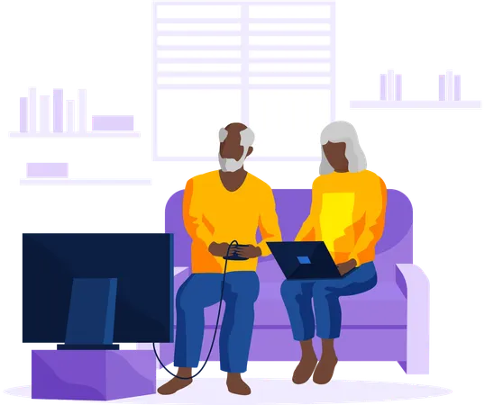 Personnes âgées avec technologie jouant à un jeu vidéo avec une manette de jeu et un divertissement pour ordinateur portable pour retraité  Illustration