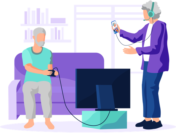 Personnes âgées avec technologie jouant à un jeu vidéo avec une manette de jeu et un divertissement pour ordinateur portable pour retraité  Illustration