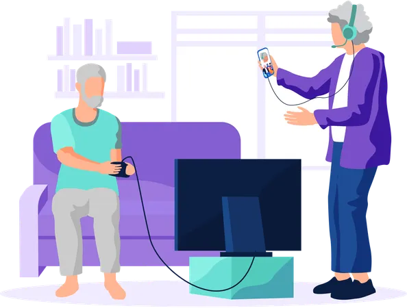 Personnes âgées avec technologie jouant à un jeu vidéo avec une manette de jeu et un divertissement pour ordinateur portable pour retraité  Illustration