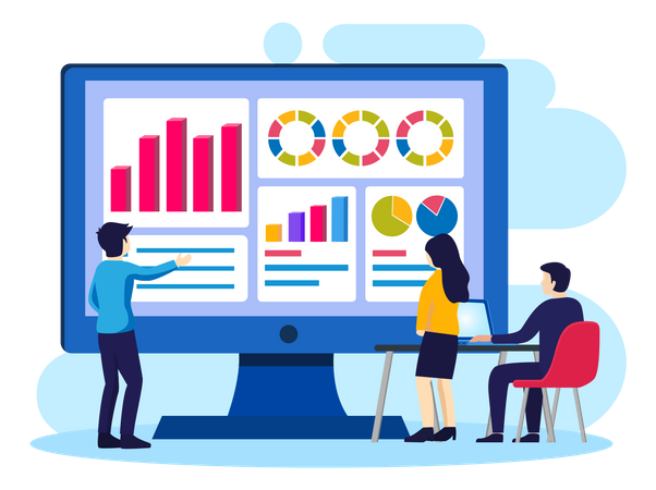 Personnes analysant des données commerciales sur ordinateur  Illustration