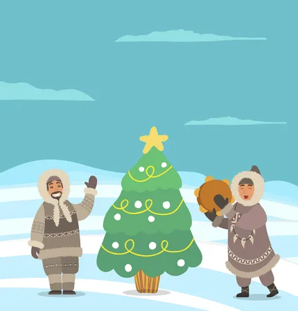 Personnages anciens avec arbre de Noël  Illustration