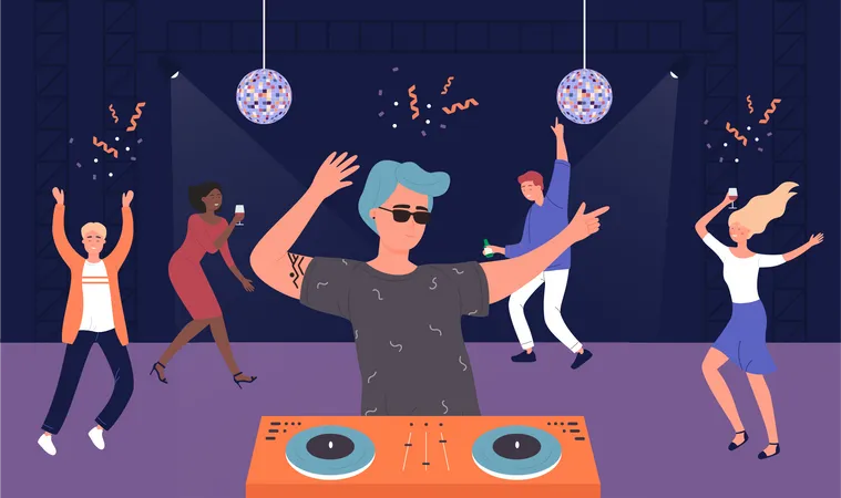 Personnes appréciant la musique et la danse du DJ  Illustration