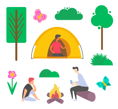 Personnes appréciant le camping en hiver  Illustration