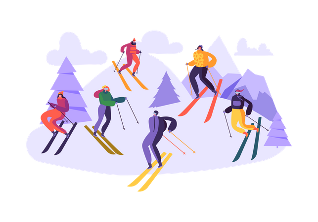 Personnes appréciant le ski en montagne  Illustration