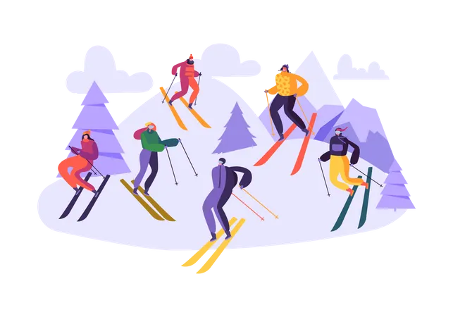 Personnes appréciant le ski en montagne  Illustration