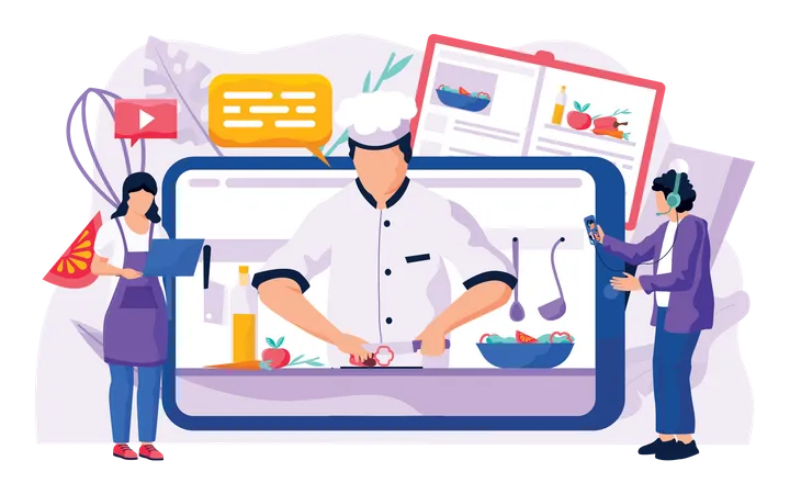 Personnes apprenant la cuisine grâce à des cours en ligne  Illustration