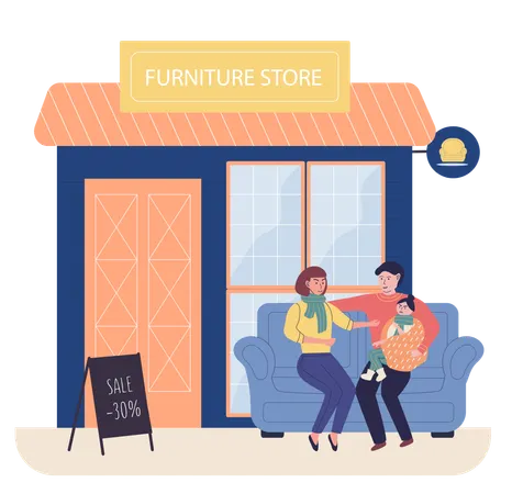 Des gens assis à côté d'un magasin de meubles  Illustration
