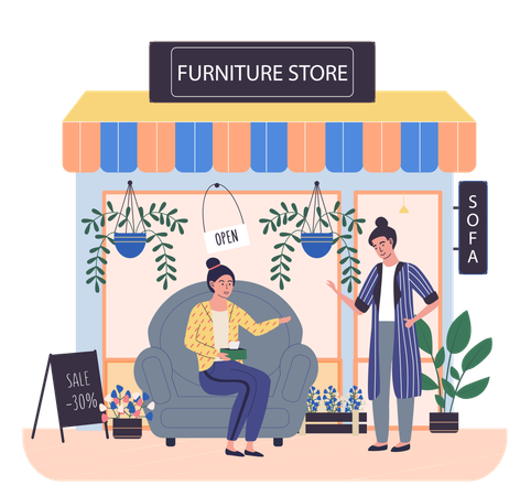 Des gens assis à côté d'un magasin de meubles  Illustration
