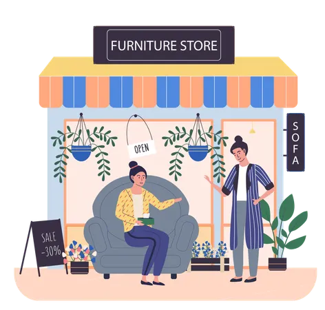 Des gens assis à côté d'un magasin de meubles  Illustration
