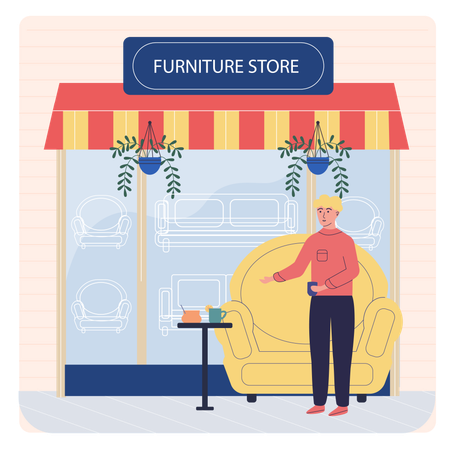 Des gens assis à côté d'un magasin de meubles  Illustration