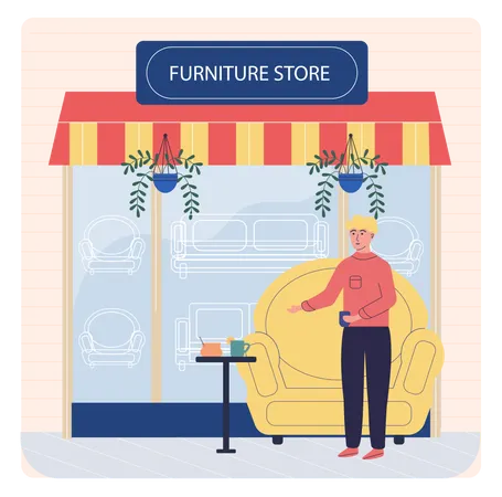 Des gens assis à côté d'un magasin de meubles  Illustration