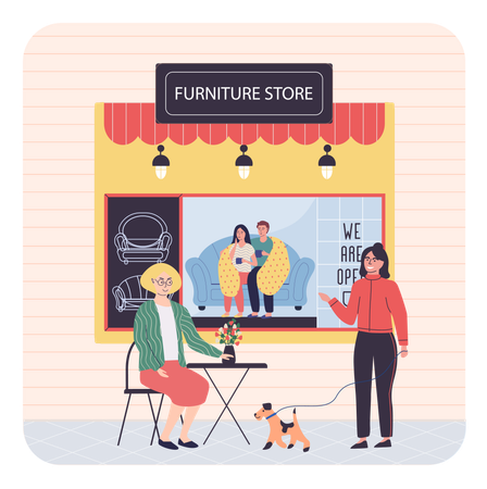 Des gens assis à côté d'un magasin de meubles  Illustration