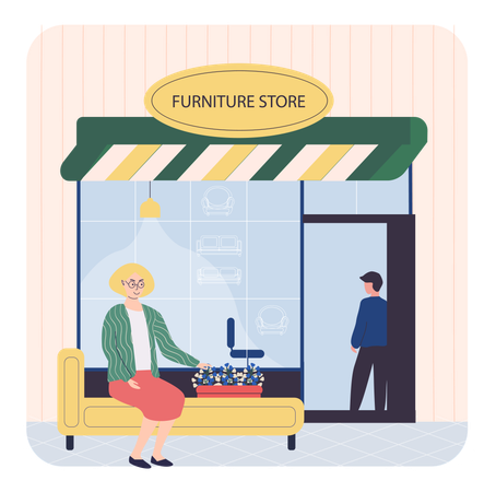 Des gens assis à côté d'un magasin de meubles  Illustration