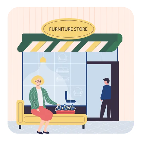 Des gens assis à côté d'un magasin de meubles  Illustration