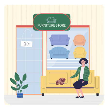 Des gens assis à côté d'un magasin de meubles  Illustration