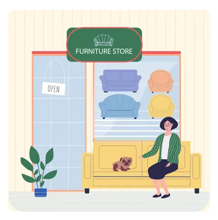 Des gens assis à côté d'un magasin de meubles  Illustration
