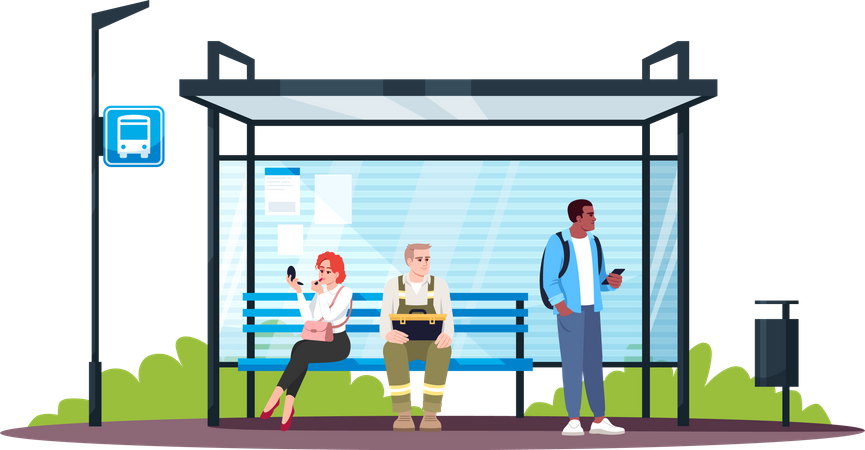 Gens assis à la gare routière  Illustration