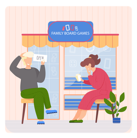 Des gens assis dans un magasin de jeux de société familial  Illustration