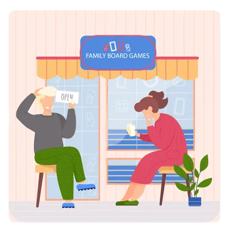 Des gens assis dans un magasin de jeux de société familial  Illustration