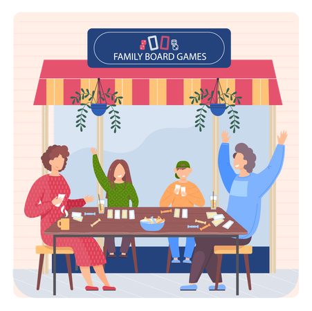 Des gens assis dans un magasin de jeux de société familial  Illustration