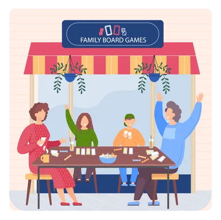 Des gens assis dans un magasin de jeux de société familial  Illustration