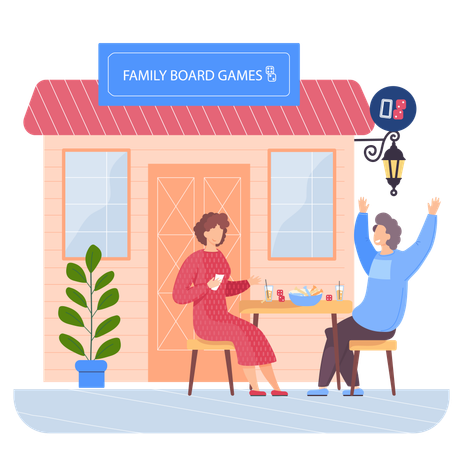Des gens assis dans un magasin de jeux de société familial  Illustration