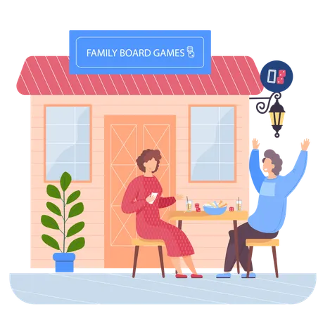 Des gens assis dans un magasin de jeux de société familial  Illustration
