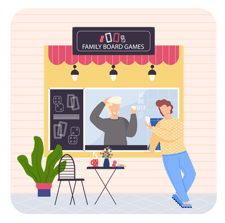 Des gens assis dans un magasin de jeux de société familial  Illustration