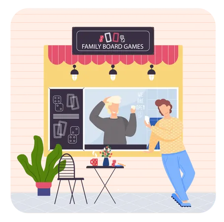 Des gens assis dans un magasin de jeux de société familial  Illustration