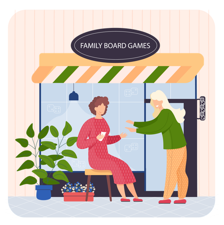 Des gens assis dans un magasin de jeux de société familial  Illustration