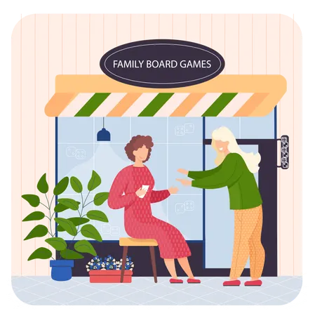 Des gens assis dans un magasin de jeux de société familial  Illustration