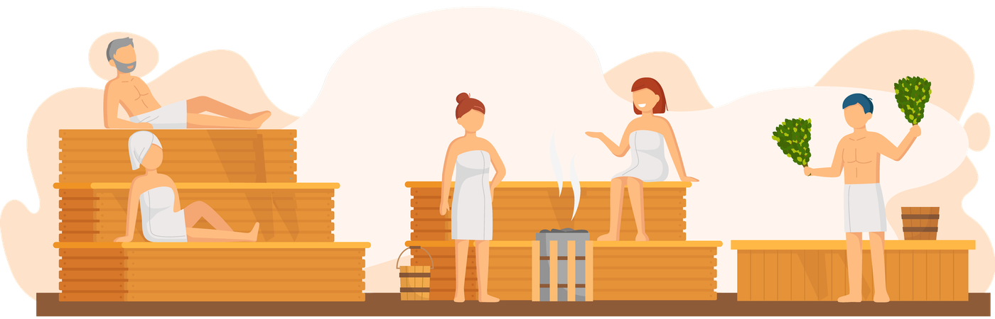 Des gens assis dans un sauna  Illustration