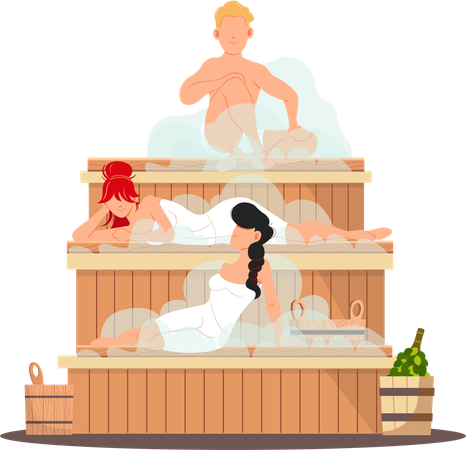 Des gens assis dans un sauna  Illustration