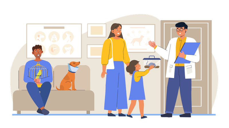Personnes attendant avec un animal de compagnie à la clinique pour animaux de compagnie  Illustration