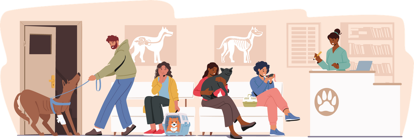 Personnes attendant leur tour à la clinique vétérinaire  Illustration