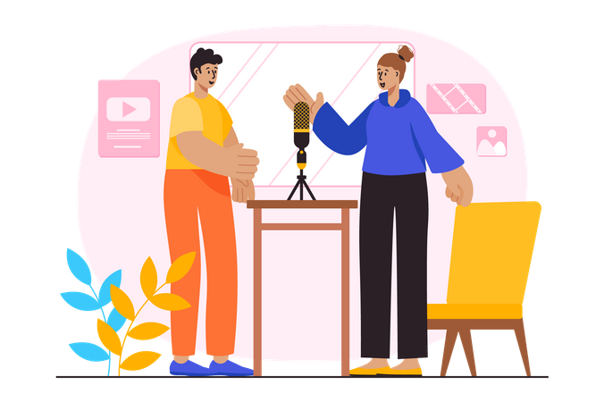 Personnes au studio d'enregistrement de podcast  Illustration