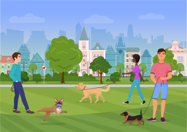 Personnes avec animal de compagnie dans le parc  Illustration