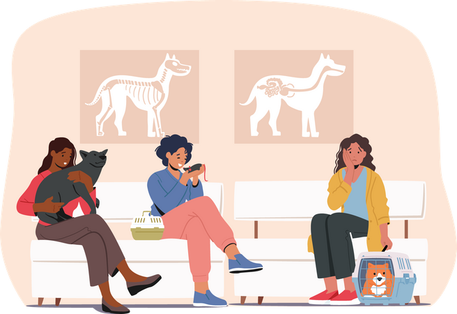 Personnes avec animal de compagnie en attente à la clinique vétérinaire  Illustration