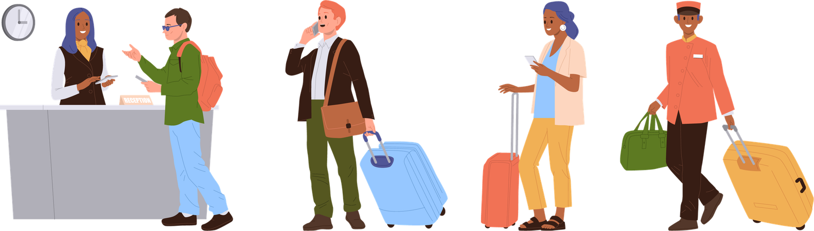 Personnes avec valise à bagages dans la file d'attente à la réception  Illustration