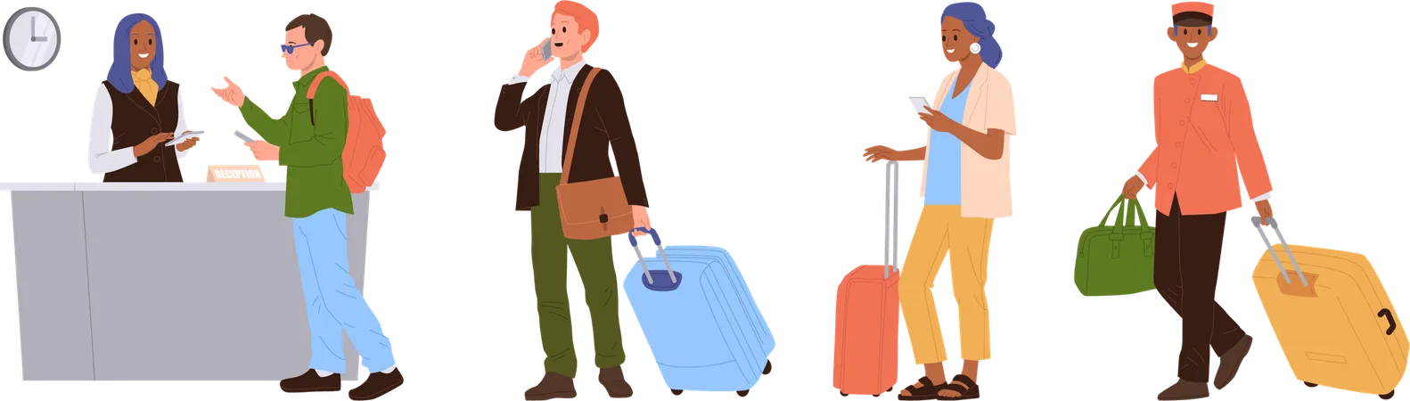 Personnes avec valise à bagages dans la file d'attente à la réception  Illustration