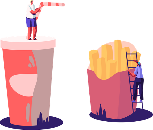 Personnes avec des frites et des boissons gazeuses  Illustration