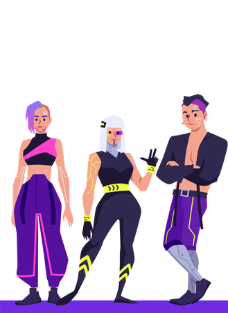 Des personnes avec des implants futuristes dans le cyberespace  Illustration